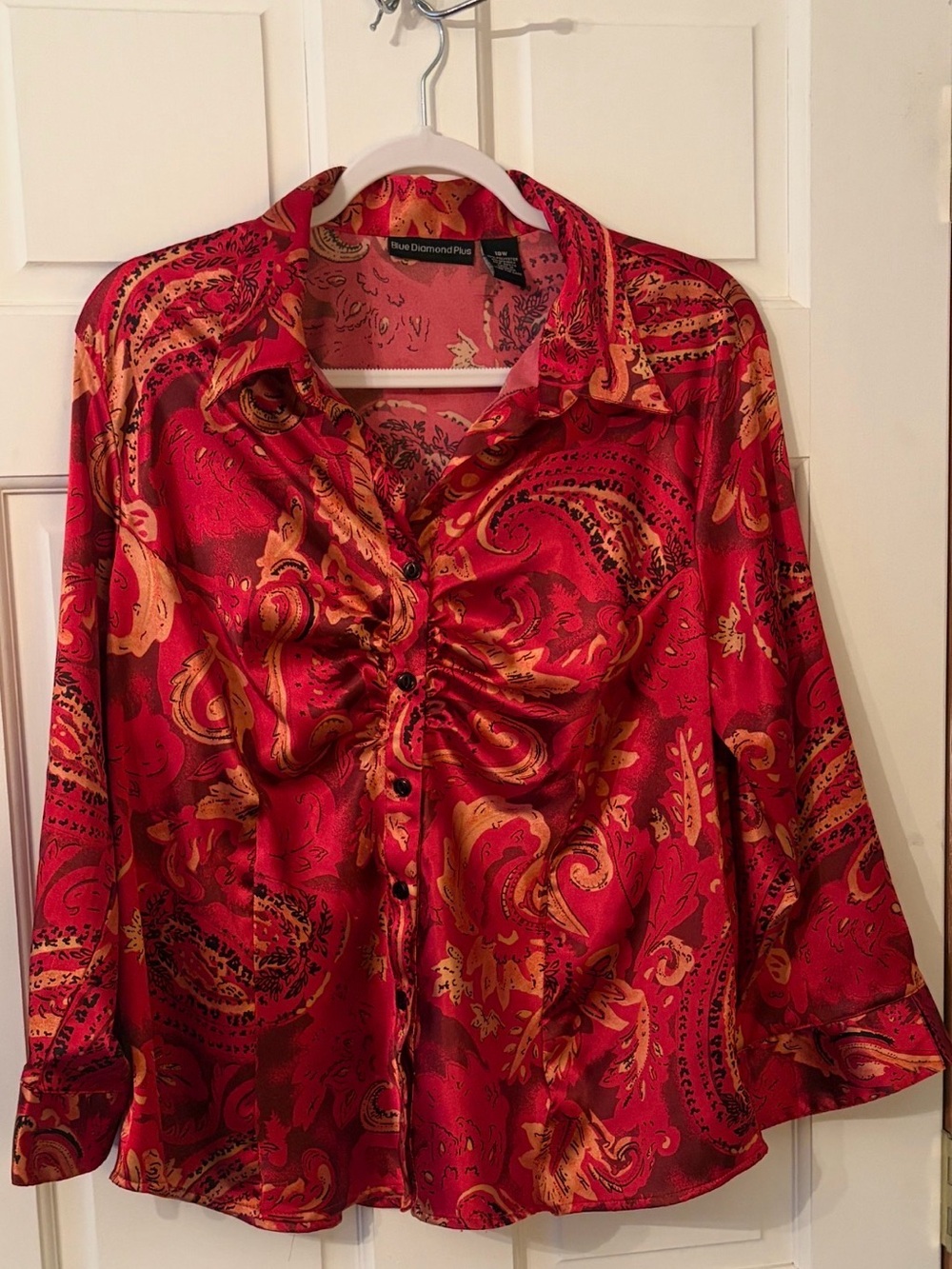 Blue Diamond Plus Vintage Red Paisley Satin Button Up Blouse Ruching Size 18W
